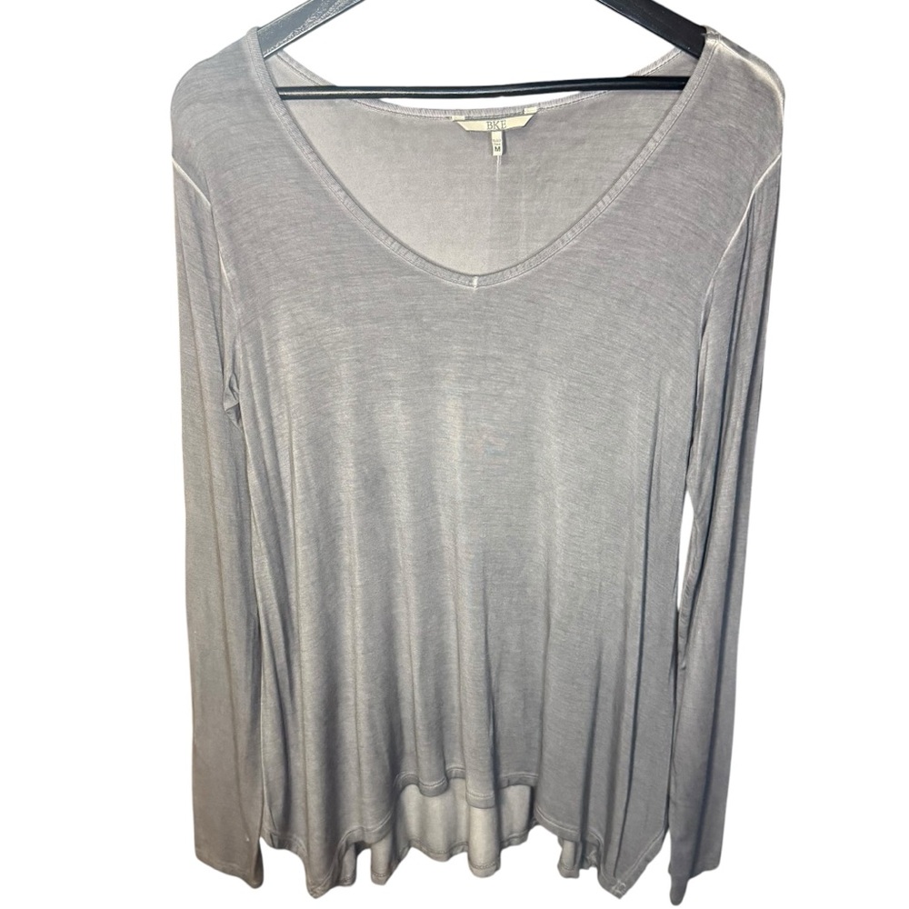 Bke Medium Gray Long Sleeve Flowy V-Neck Top Soft Stretch Basic Everyday Comfy